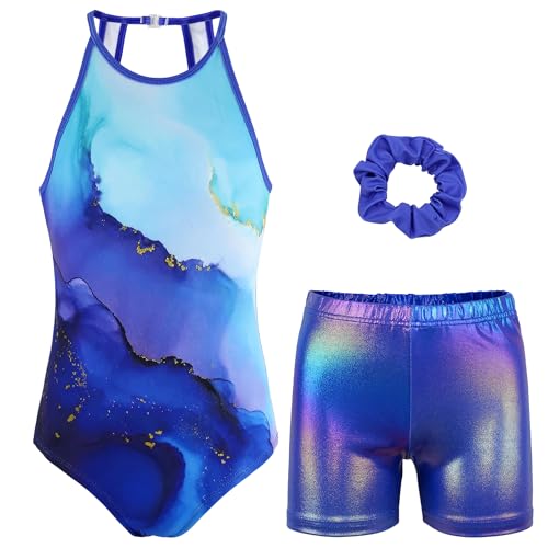 JOYSTREAM Gymnastics Leotards for Girls With Shorts Sparkly Ballet Dance Clasp Back Activewear Turquoise Marble, 6-7Years