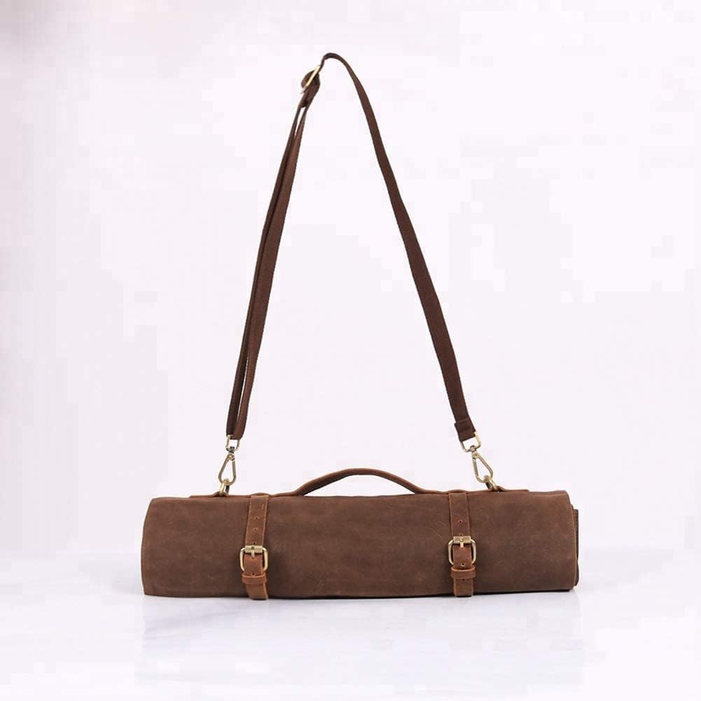 JDGHGB Chef Knife Roll Bag,Waxed Canvas Knife Bags with 10 Slots and 1 Zipper Pocket,Chef Bag for Chefs Professional Knife Roll Pouch with Shoulder Strap (Brown)