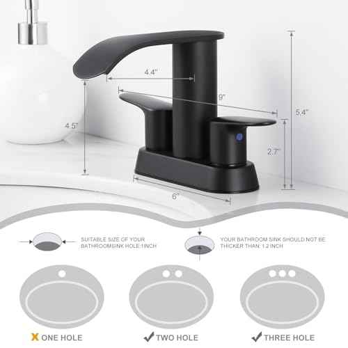 Waterfall Bathroom Faucet 4 Inch Centerset ? WOWOW 2 Handle Matte Black Sink Faucet for 2 or 3 Hole Vanity, Modern Stainless Steel Zinc Alloy with Pop Up Drain and cUPC Hose for Basin