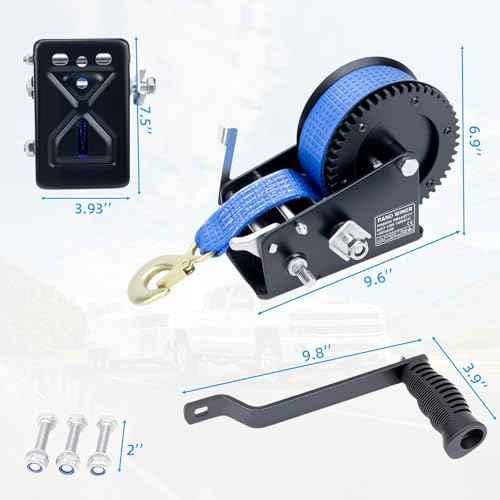 3500LBS Heavy Duty Boat Trailer Winch with 32FT Strap, 2-Way Ratchet, 4:1/8:1 Gear Trailer Winch, Portable Hand Crank for Boat, Truck, Trailer, RV, ATV, Jet Ski