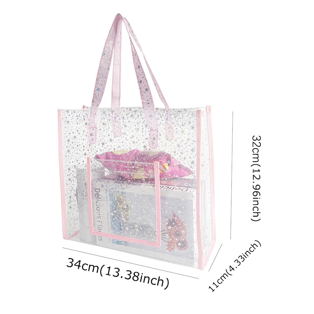 TotePrint TPU Star Clear Tote Bag - Large, Pink, Waterproof, Sandproof - Zipper Closure, Perfect for Beach, Shopping, Travel or Everyday Use