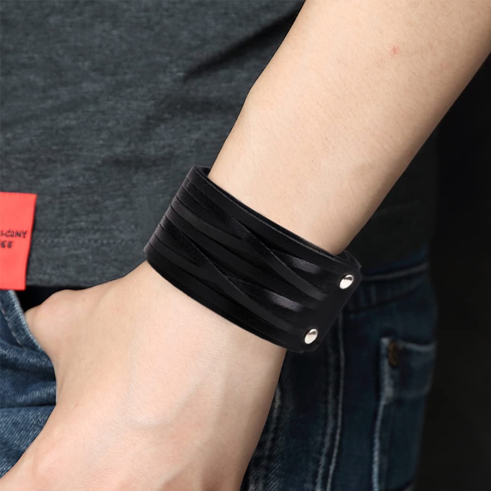 NIGHTCRUZ Punk Leather Cuff Bracelet, 2PCS Vintage Leather Wristband for Men Women