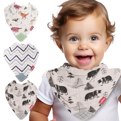 Nuby Baby Bibs - 3 Pc Muslin Bibs - Reversible 100% Natural Cotton Teething Accessory for Girls and Boys, Baby Essentials