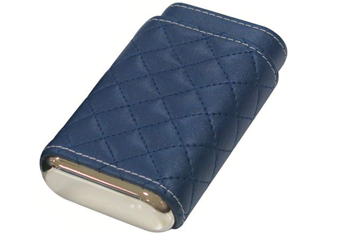Prestige Import Group - 3 Cigar Holder Leather Diamond Pattern Stitch Style Cigar Travel Case - Blue