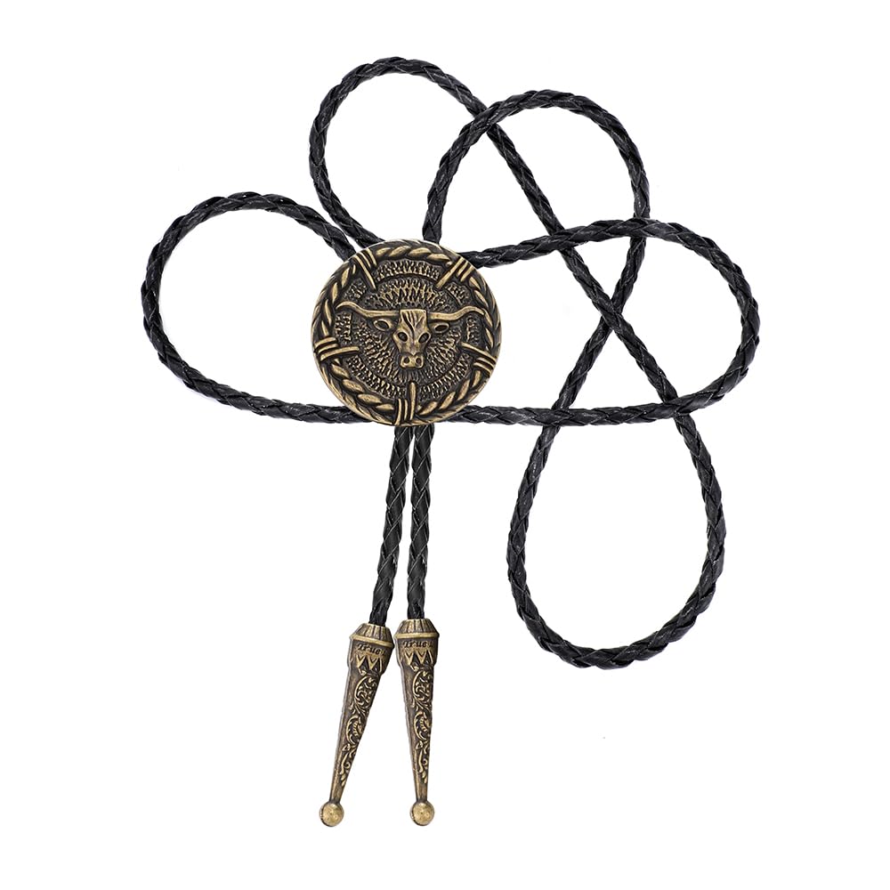 AZORA Western Cowboy Bolo Tie Men Leather Necktie Rope Cord Bull Disc Bola Tie Costume Accessory for Women