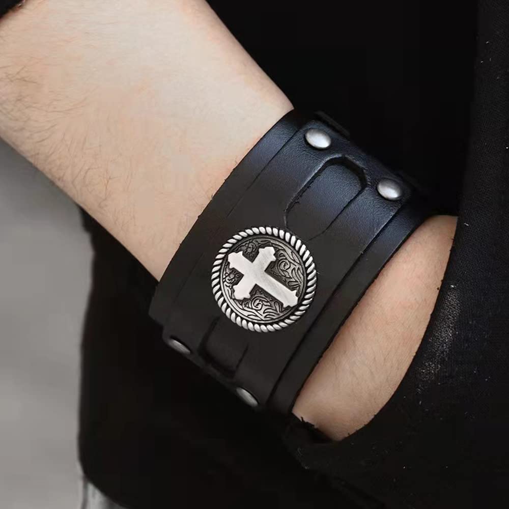 NIGHTCRUZ Wide Leather Bracelet with Cross, Medieval Leather Cuff Wristband for Mens