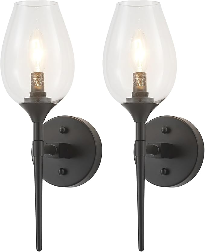Modern Black Wall Sconces Set of 2, Glass Wall Sconces for Bedroom, Industrial Sconce Wall Lighting for Entryway Bathroom Living Room Stairway