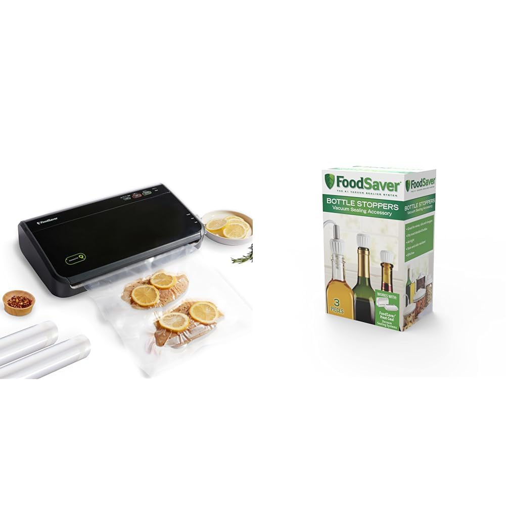 FoodSaver Vacuum Sealer Machine with Automatic Bag Detection, Sealer Bags and Roll, and Handheld Vacuum Sealer for Airtight Food Storage and Sous Vide, Black & Bottle Stoppers, 3 Pack