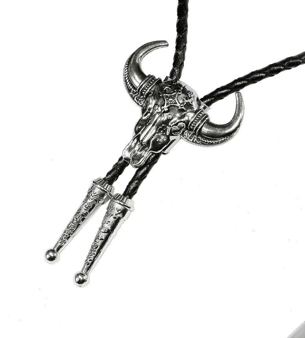 GURANSE 3D Silver Bull Skull head Bolo tie With Cowboy Western Style Necktie