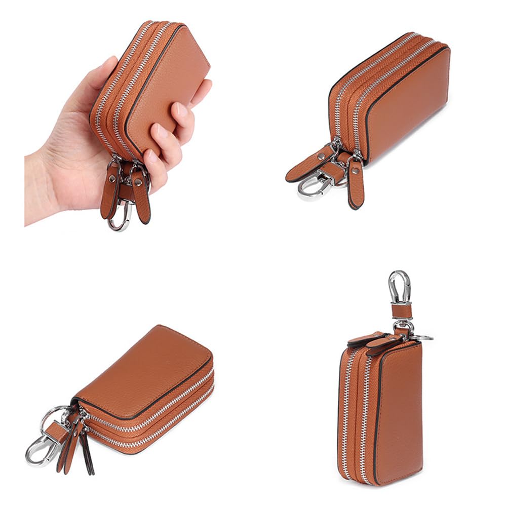 Berfi Life Key Fob Case Genuine Leather, Double Zipper Car Key Holder & Key Wallet with Keychain, Key Pouch for Purse Gift