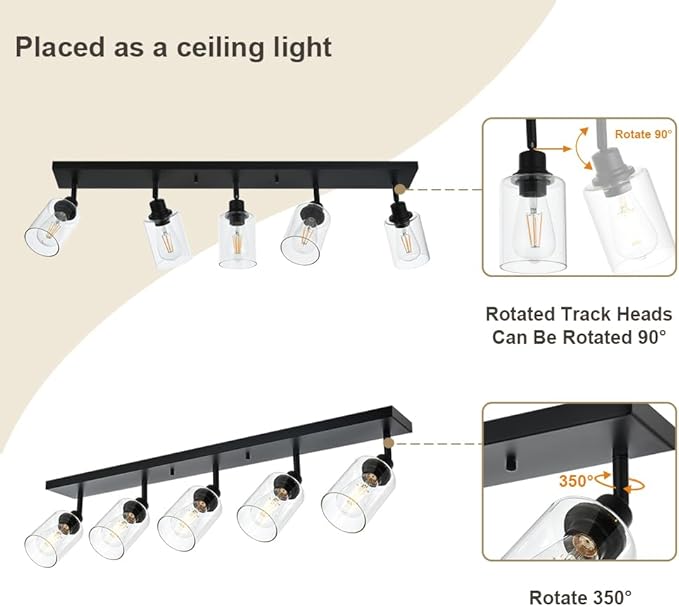 VINLUZ 5 Light Black Bathroom Spotlight Fixture with Rotatable Light Head Indoor Vanity Lighting with Clear Glass Shade Metal Ceiling Mount Fixture