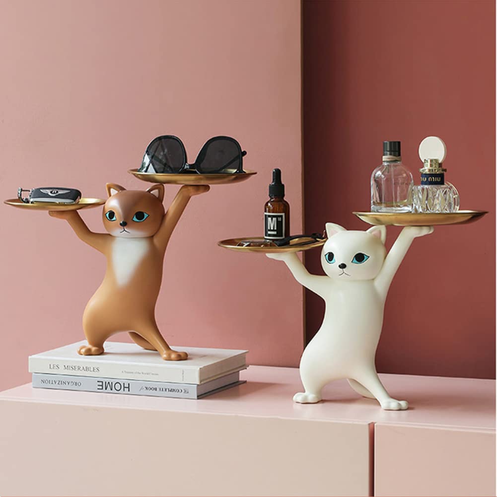 Slowtee Resin Cat Decorative Tray Figurine, Enchanting Dancing Funny Statue for Home/Bedroom/Office Entrance Table Decor, Sculpture for Candy/Snacks/Key/Gadgets Storage (Brown)