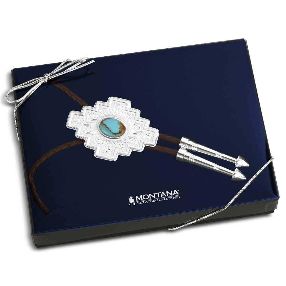 Montana Silversmiths Western Lifestyle Braided Leather Cord Silver Finished Arrow Pointed Tips Southwestern Style Bolo Tie (Santa Fe Turquoise)