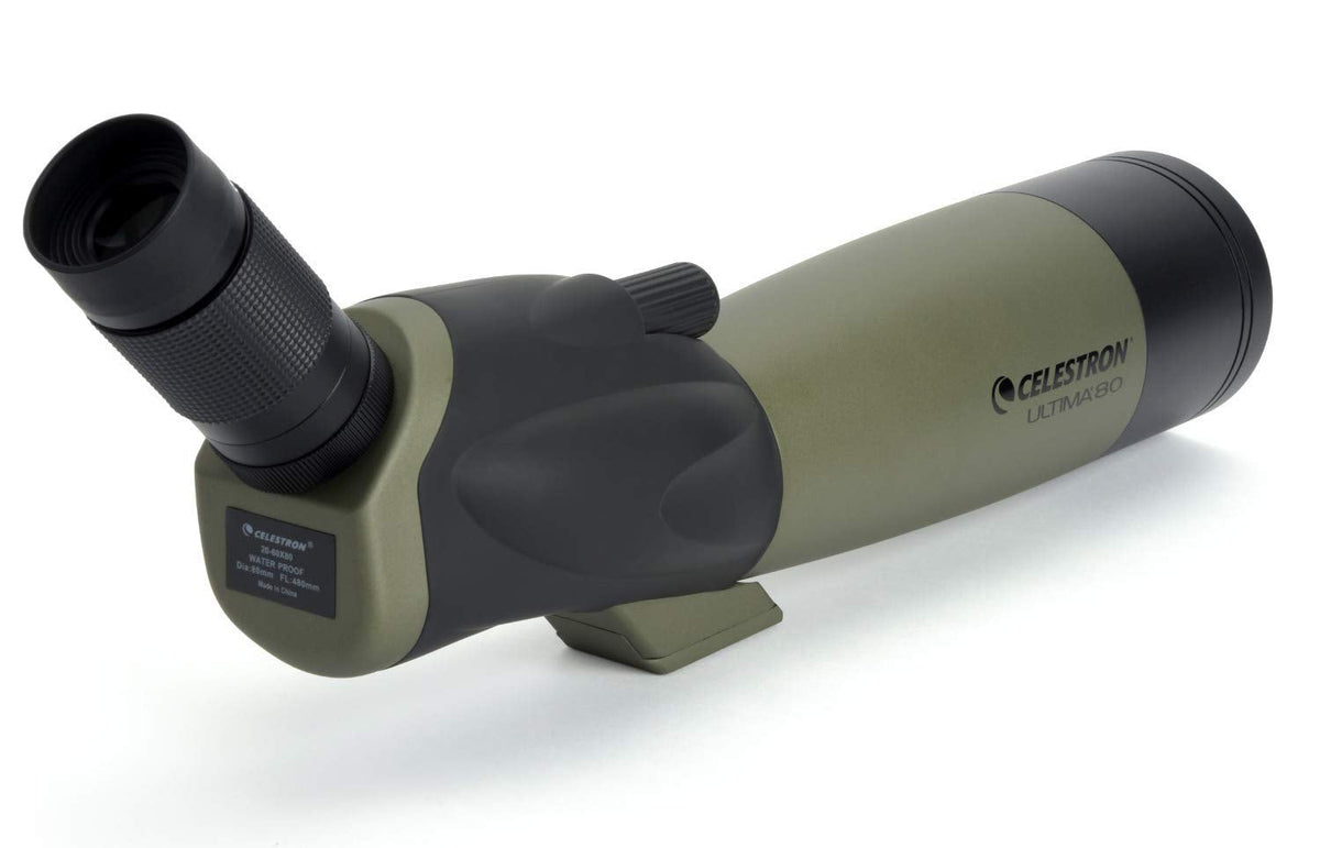 Celestron 52250 Ultima 20-60x80mm Angled Refractor Spotting Scope Telescope with Multi-Coated Optics, Waterproof Rubber Tubing and Soft Carry Case, Green