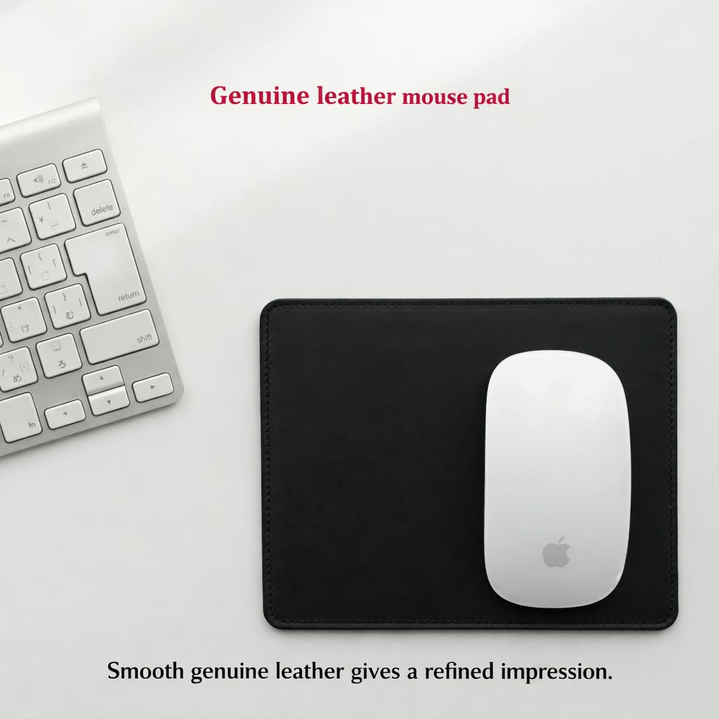 MCP050 Genuine Leather Mouse Pad – Black Cowhide, Simple Design with Non‑Slip Backing for Office & Homer (Black)