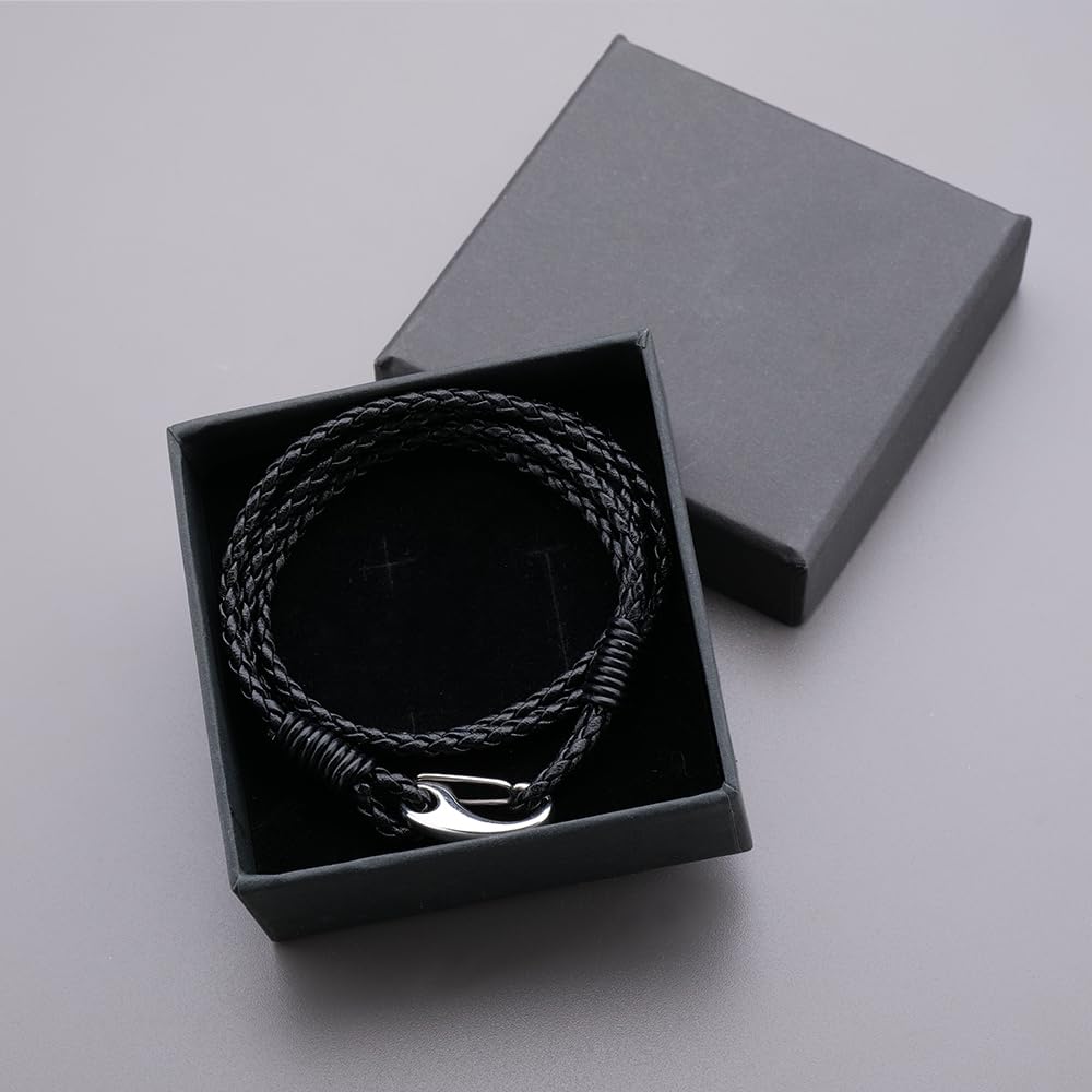 JEVINDA Leather Bracelet Unisex Braided Leather stainless steel Clasp 7.5/7.8 Inches optional multi-layered bracelet for Women and Men With gift box (Black, 7.5 Inch)