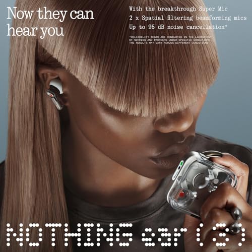 Nothing Ear (3) Wireless Earbuds Super Mic 45dB Hybrid Active Noise Cancelling Bluetooth Headphones Hi-Res 6 Mics, 12mm Dynamic Bass Boost, Dual Connect ANC Sport Ear Buds for iPhone Android, White