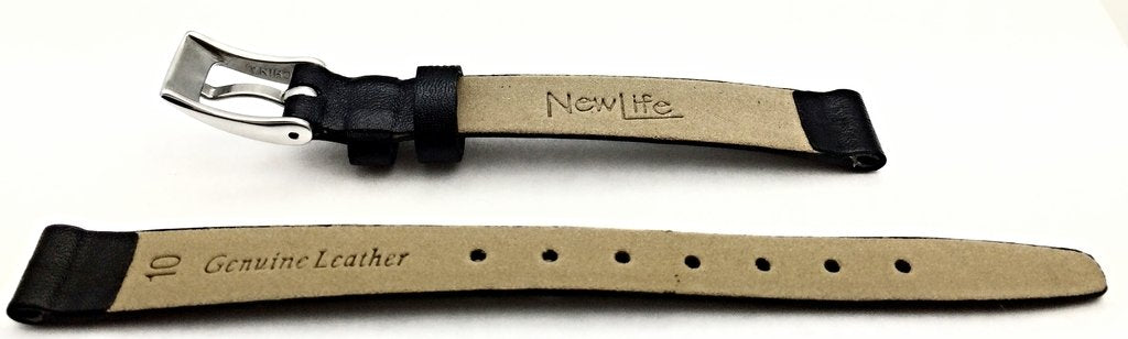 NewLife 10mm Black, Flat, Elegant Calfskin Leather Watchband | Smooth Genuine Leather Replacement Watchstrap that brings to Any Watch (Womens Standard Length)