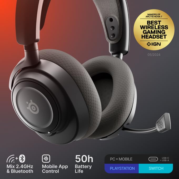 SteelSeries Arctis Nova 7 Wireless Gen 2 Gaming Headset - Real-Time App Control, 50+ HR Play, Neodymium Drivers, Mix 2.4GHz/Bluetooth, PC, PS5, PS4, Switch 1/2, Mobile - Black