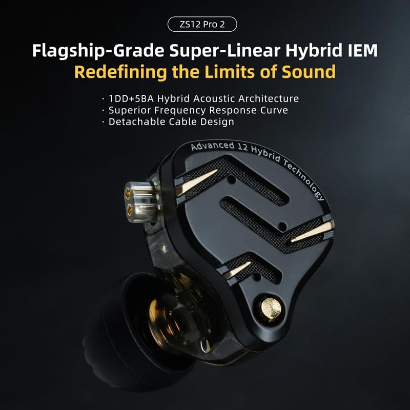 KZ ZS12 PRO 2 in Ear Monitor Headphones, 5BA+1DD 6 Hybrid Driver Gaming Earbuds Wired Earphones, HiFi Clarity Sound Immersive Bass IEMs for Gaming Musician Singer Audiophile (Black without Microphone)