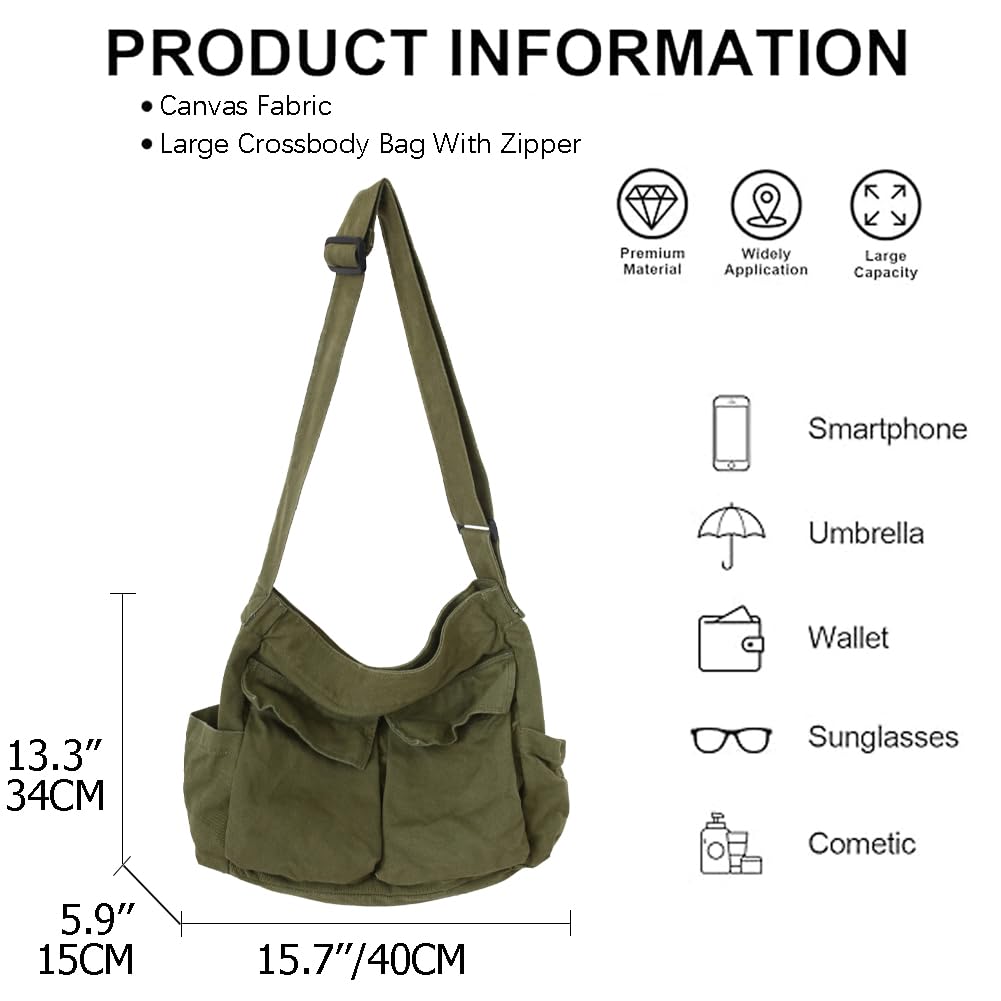 KlaOYer Canvas Messenger Bag Large Hobo Bag Crossbody Shoulder Bag Tote Bag with Pocket for Women and Men (Green)