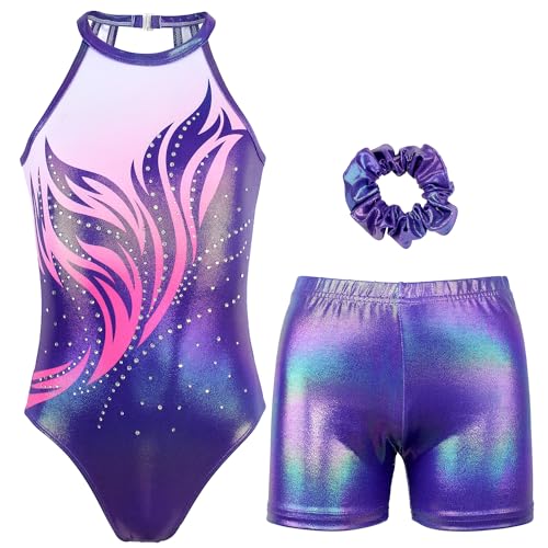 JOYSTREAM Gymnastics Leotards for Girls With Shorts Sparkly Ballet Dance Clasp Back Activewear Pinklish Purple,6-7Years