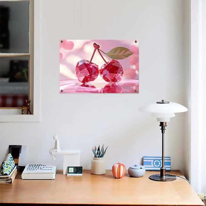 Yesad Cherries Art Print, Kitchen Wall Art Pictures Poster Pink Wall Décor for Dorm Living Room Bedroom Cabin Kitchen Wall Décor Fruits Wall Art (Unframed,36”x24”, Cherry)
