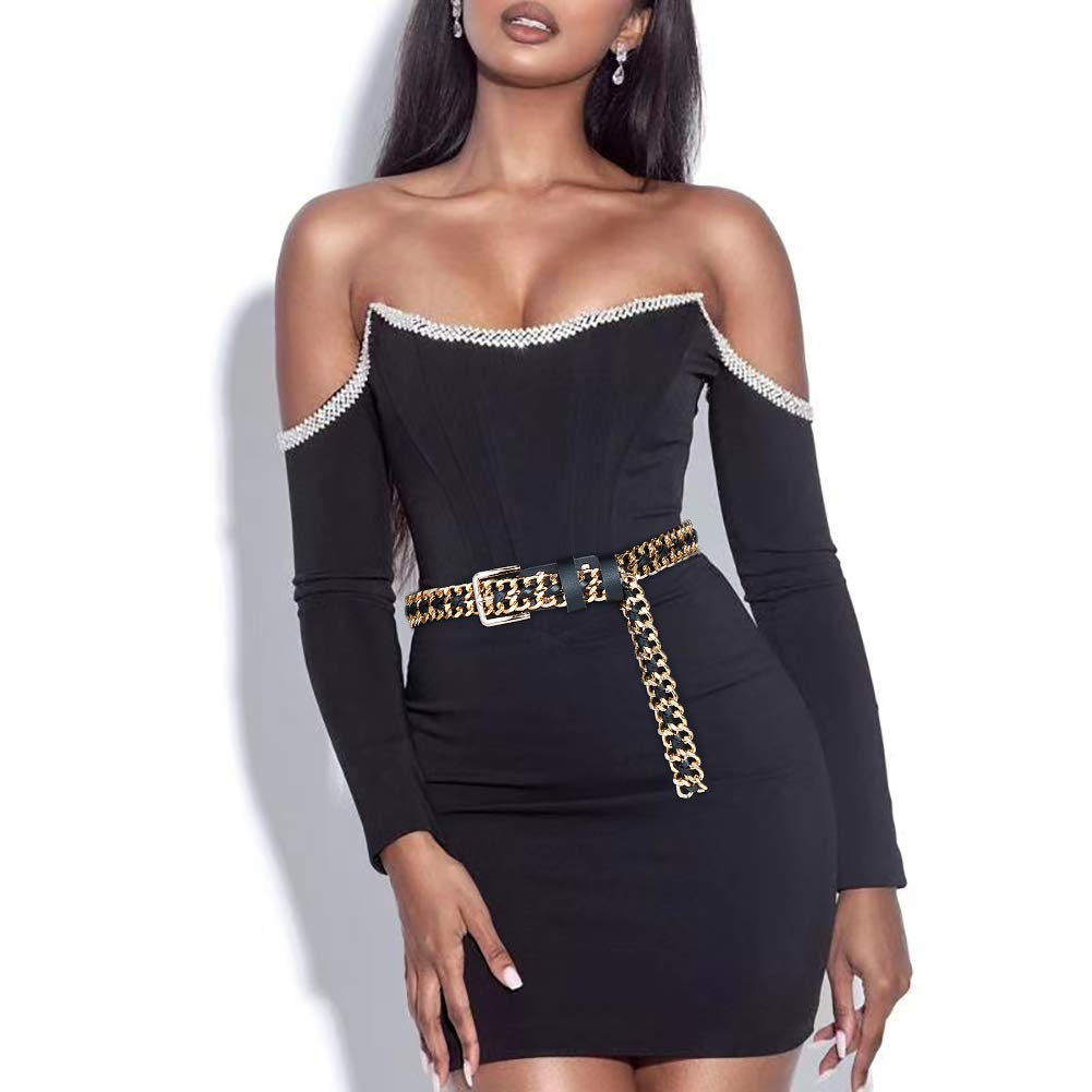 Glamorstar Gold Metal Punk Belts Leather Chain Waist Belt for Women Dresses Gold Black 105CM/41.3IN