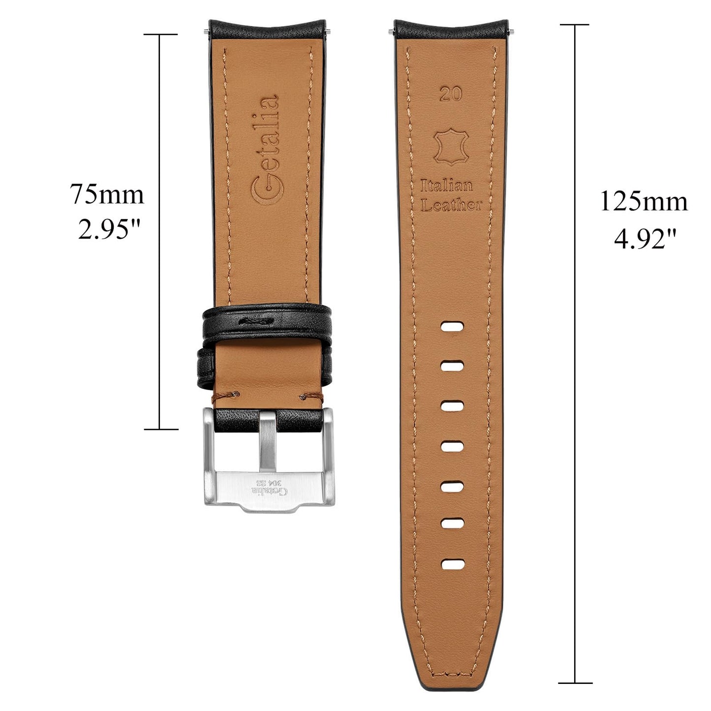 Getalia Italian Full grain vegetable tanned leather watch Bands Curved Strap,Compatible with Omega X Swatch Moonswatch Speedmaster/Rolex/SEIKO/Swatch Watch straps Men Women (Black-width:20mm)