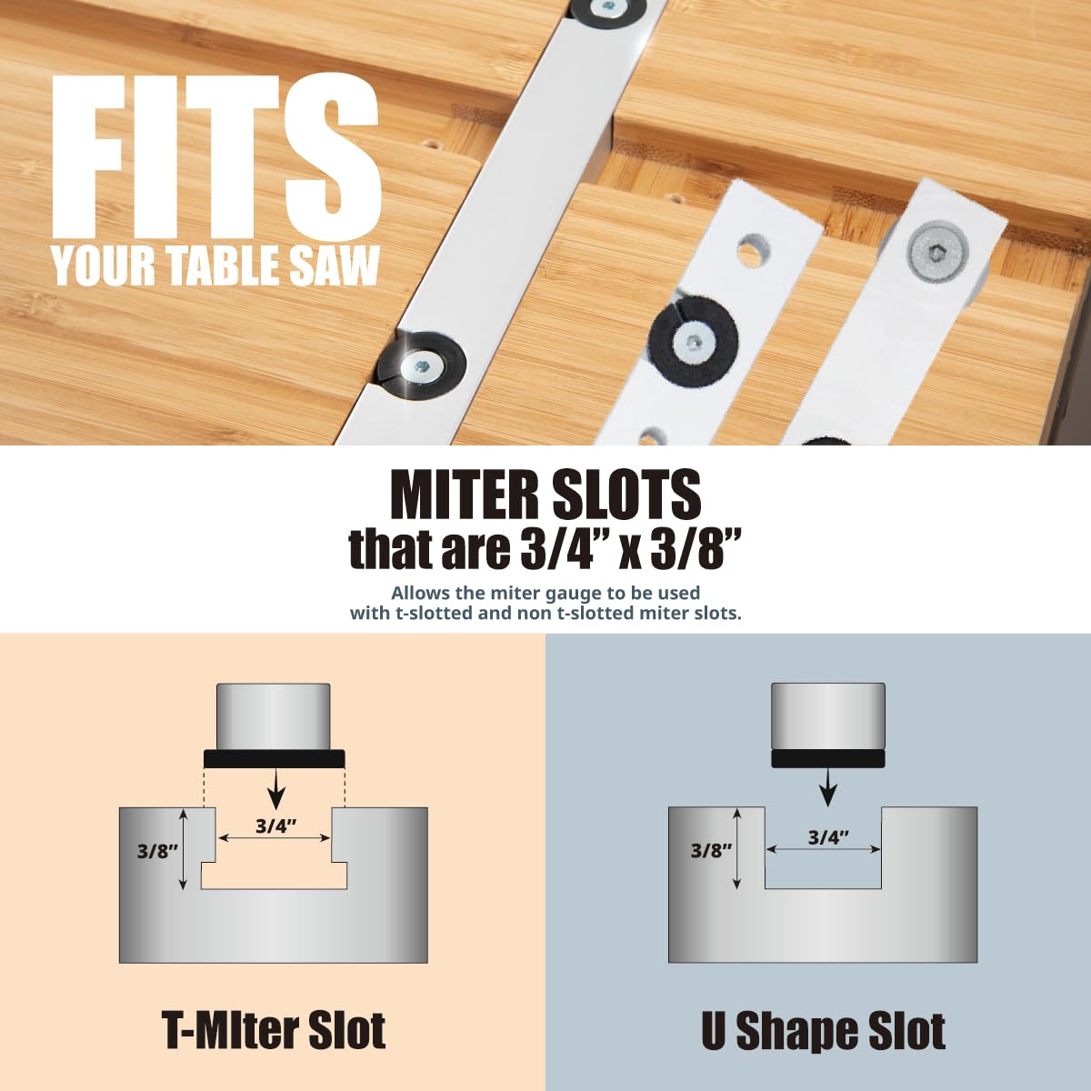 POWERTEC Universal Table Saw Miter Gauge and Aluminum Miter Bar, 27 Angle Stops Miter Gauge, Works w/Table Saws, Band Saw, Router Table (71142)