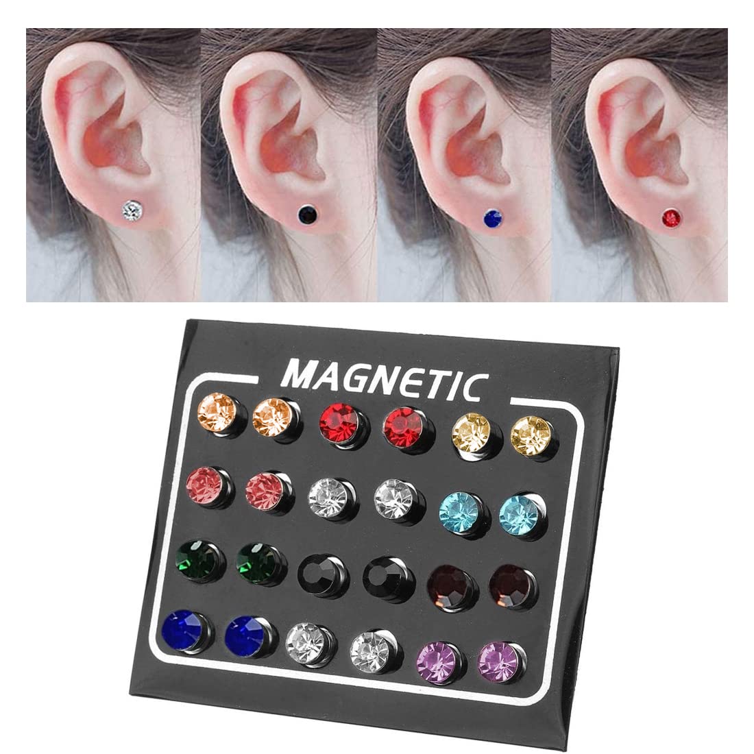 LIUJZZJ 12 Pairs Crystal Rhinestone Magnetic Clip Non Piercing Fake Earrings Fashion Jewelry(Multi-Color)