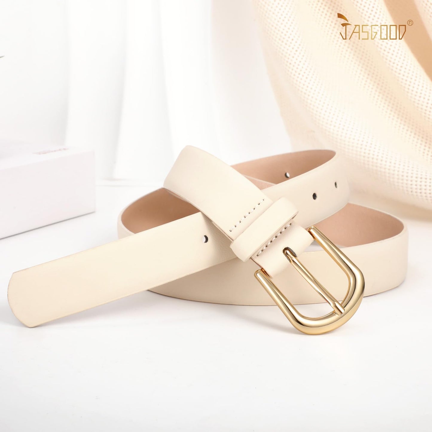 JASGOOD Beige Belt for Women Jeans Pants Dresses with Gold Buckle Fashion Ladies Waist Belt