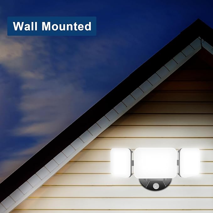 EMANER Outdoor Motion Sensor Floodlights, Dusk to Dawn Auto On at Night When Motion Detected, Security Light 4500lm 120V, 5000K 3-Head Frosted Lens, Motion Light for Driveway Patio (2-Pack, Black)