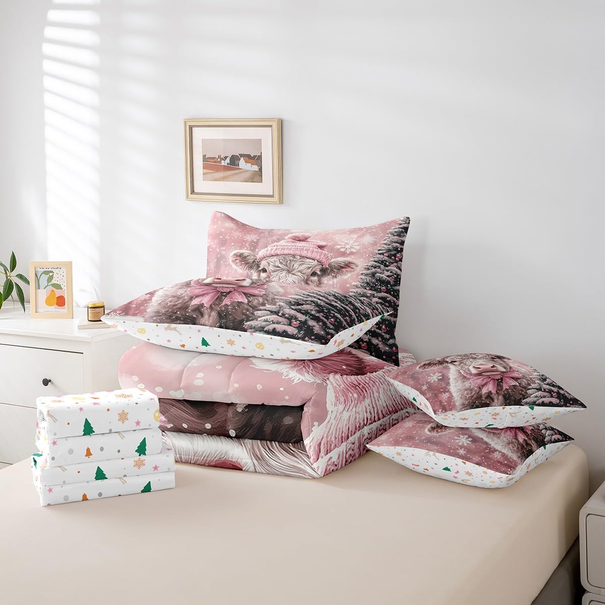 Manfei Xmas Highland Cow 7 Pieces Comforter Set Full,Cute Animal Christmas Tree Bedding Set for Bedroom Decor,Pink Hat Bownot(Comforter+Fitted+Flat Sheet+2 Pillowcases+2 Throw Pillow Covers)