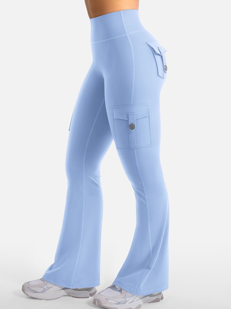 YEOREO CoreFlex Women Workout Flare Leggings with Pockets Hidden Scrunch High Waisted Cargo Gym Yoga No Front Seam Leggings Light Blue S