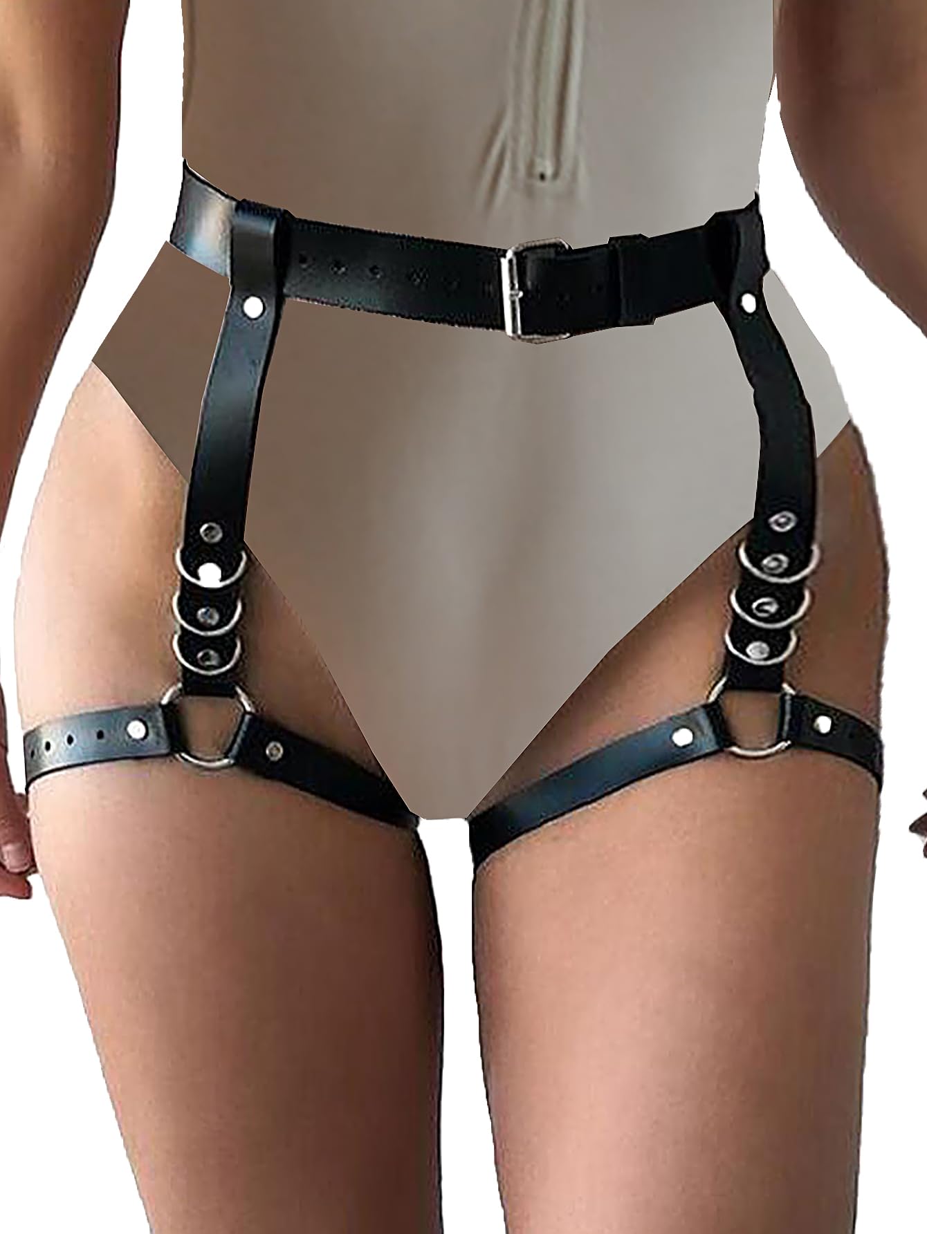 KJSUHFN Women's Garter Belts Punk Leather Adjustable Body Harness (Black, One Size)
