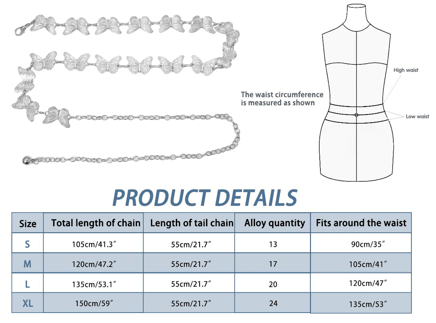 Putcuku Waist Chain Belts for Women Adjustable Belly Chain Fashion Metal Link Chain for Dresses (Butterfly Silver-XL)