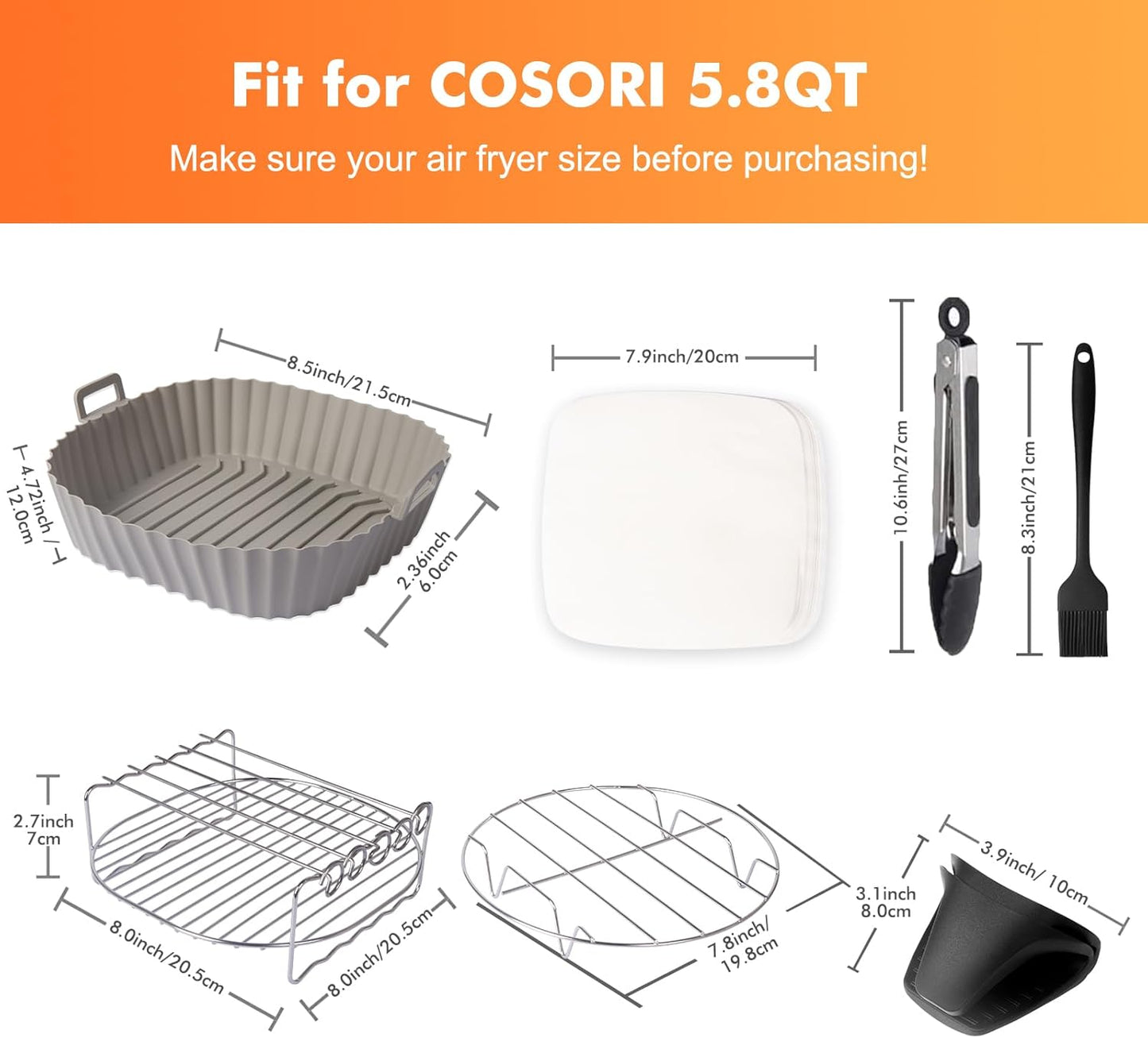 Air Fryer Accessories Fit for Instant Vortex Plus 6 Quart Air Fryer, Cosori 5.8QT 6QT, PowerXL 7QT, Gourmia, Nuwave, Cuisinart, Including Rack & Skewers, Etc