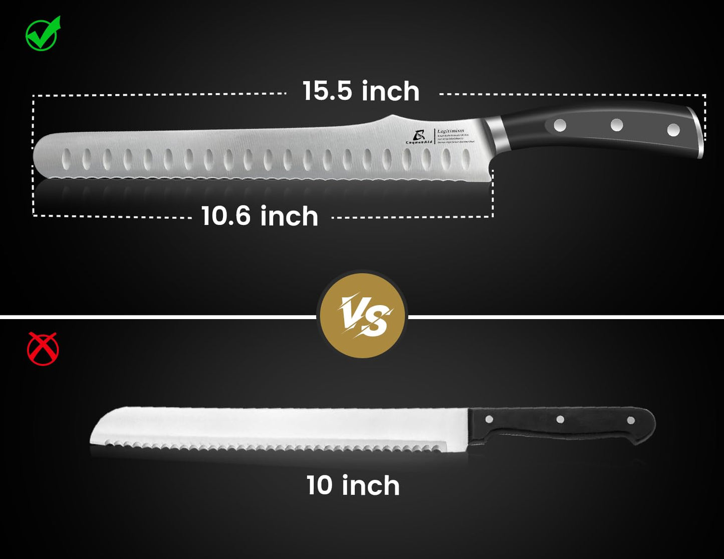 CoquusAid Bread Knife for Homemade Bread, 10.6 Inch Multifunction Serrated Knife, Razor Sharp Slicer, High Carbon German Steel Bread Cutter, Ergonomic Handle for Sourdough Turkey Fruit Cutting, Gift