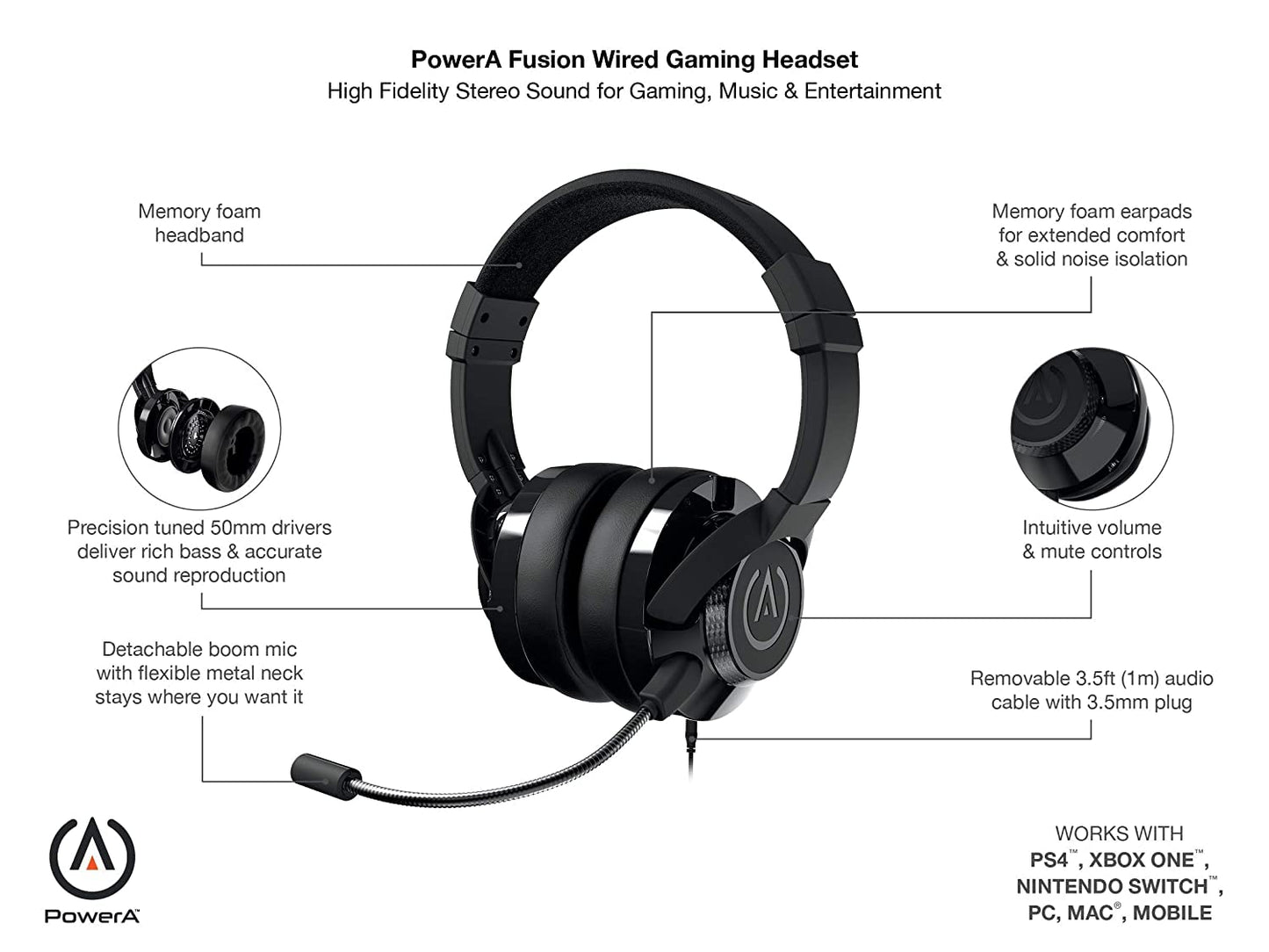 PowerA Fusion Wired Stereo Gaming Headset with Mic for PlayStation 4, Xbox One, X, Xbox One S, Xbox 360, Nintendo Switch, PC, Mac, VR, Android, and iOS - Black - Not Machine Specific