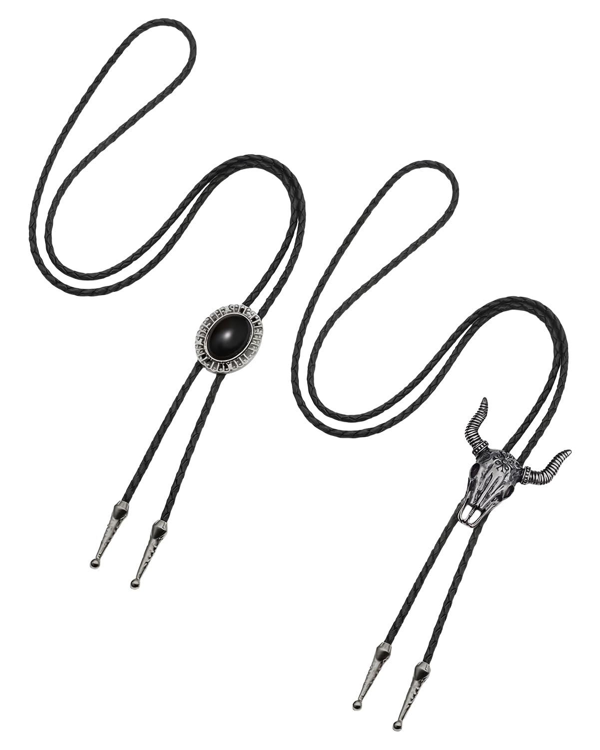 KRLBZER 2 Pcs Bolo Tie for Men, Black and Silver Western Necktie, Adjustable Leather Rope Necklace with Metal Pendant, Cowboy Costume Accessories for Women Men