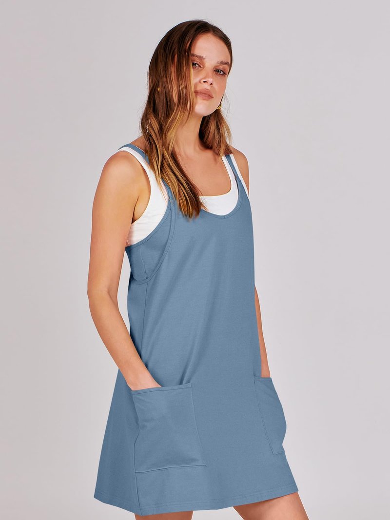 ANRABESS Women Athletic Dress Summer Tennis Workout Active Sports Mini Romper Dress Built in Shorts Travel Vacation Clothes Blue Small