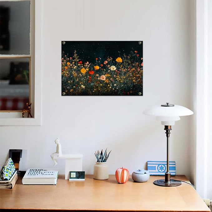 Yesad Wildflowers Field Landscape Wall Art, Floral Canvas Wall Art Wildflowers at Night Flower Prints Painting Rustic Wall Décor for Living Room Bedroom Farmhouse (Unframed,36”x24”,Wildflower1)
