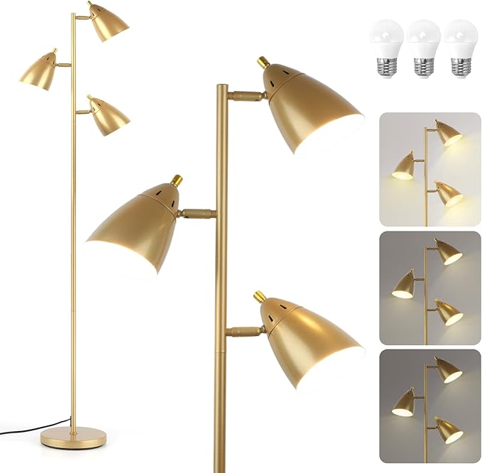 Tree Floor Lamp for Living Room, Industrial 3-Light Standing Lamp with 3 LED Bulbs, Adjustable Rotation Heads, Standing Tall Pole Lamp Farmhouse Rustic Reading Lamps for Bedroom Office (Gold)