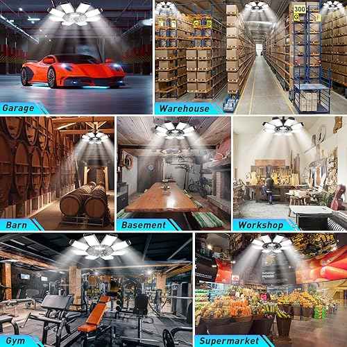 ISKYDRAW LED Garage Lights, 4 Pack Garage Lighting 260W 26000LM Bright Shop Ceiling Lights Screw Into E26 E27 Bulb Socket, Deformable 8+1 Panels 6500K Basement Bay Lighting for Workshop Barn Porch