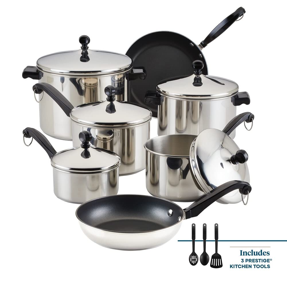 Farberware Classic Stainless Steel Cookware Pots and Pans Set, 15-Piece,50049,Silver