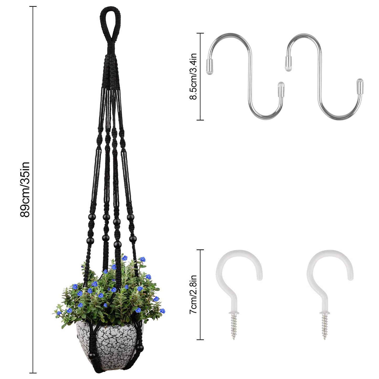 RIFNY Macrame Plant Hanger for 5 to 10 Inch Plant Pots, 35 Inch Woven Rope Hanger Kits with Hooks and Wood Beads, Hanging Planter Basket for Indoor Boho Home Decor (Black, 2 Pack)