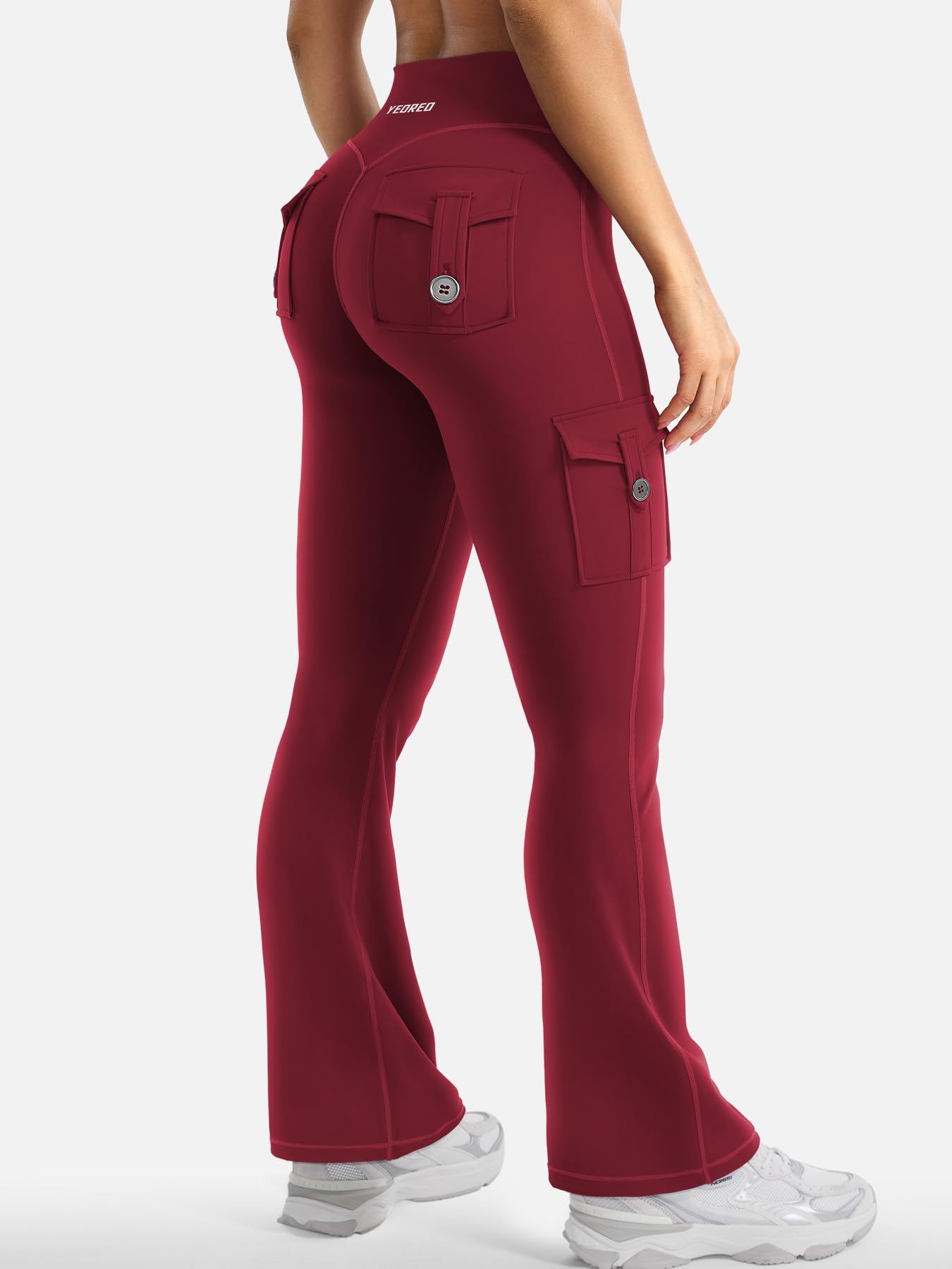 YEOREO CoreFlex Women Workout Flare Leggings with Pockets Scrunch Cargo Gym Yoga Leggings Wine L