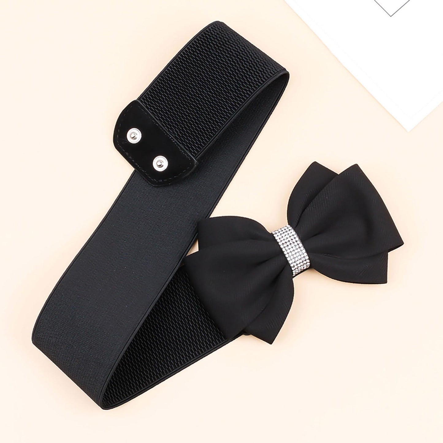 Choleeki Women's Elastic Bow Belt Wide Rhinestone Stretch Belts Ladies Waist Accessories for Dress Jeans (black, S)