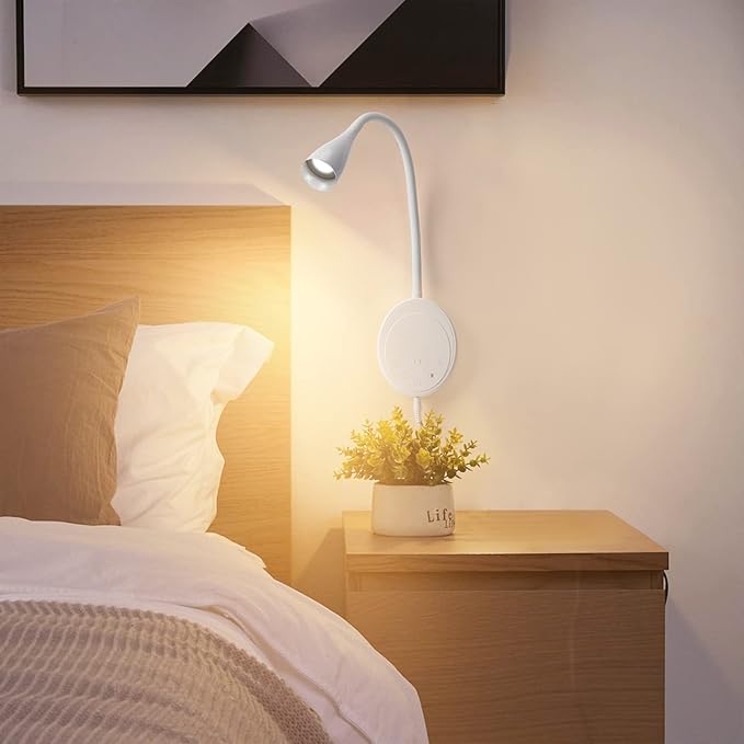 LED Wall Mounted Reading Light, Book Light for Reading in Bed, 5 Dimming & Color Temperature, 360°Flexible Gooseneck, USB Output Bedside Headboard Lights, Timers Function & NightLight
